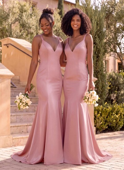 Trumpet/Mermaid V-Neck Sleeveless Sweep Train Satin Bridesmaid Dresses