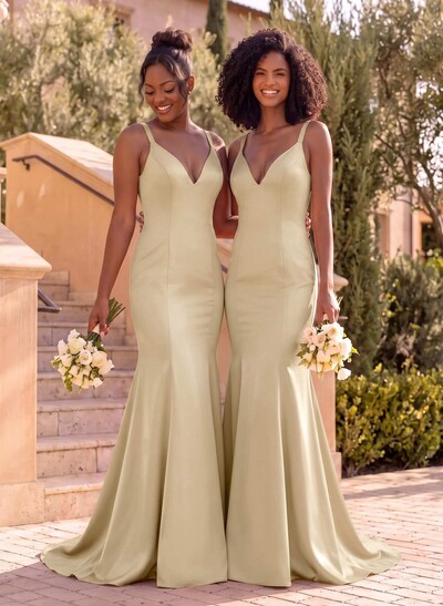 Trumpet/Mermaid V-Neck Sleeveless Sweep Train Satin Bridesmaid Dresses