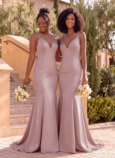 Trumpet/Mermaid V-Neck Sleeveless Sweep Train Satin Bridesmaid Dresses