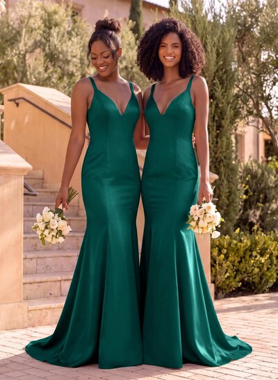 Trumpet/Mermaid V-Neck Sleeveless Sweep Train Satin Bridesmaid Dresses
