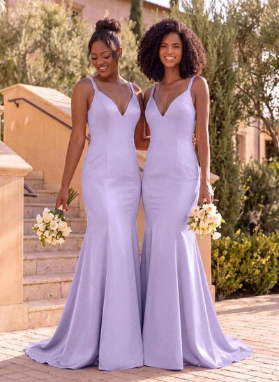 Trumpet/Mermaid V-Neck Sleeveless Sweep Train Satin Bridesmaid Dresses