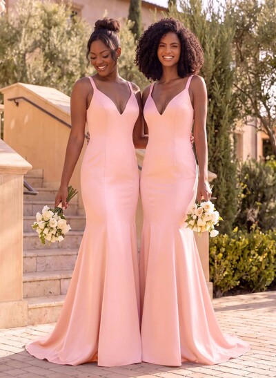 Trumpet/Mermaid V-Neck Sleeveless Sweep Train Satin Bridesmaid Dresses