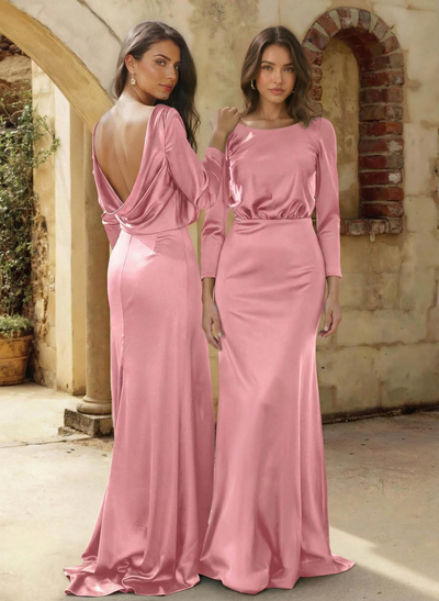 Sheath/Column Scoop Neck 3/4 Sleeves Sweep Train Bridesmaid Dresses