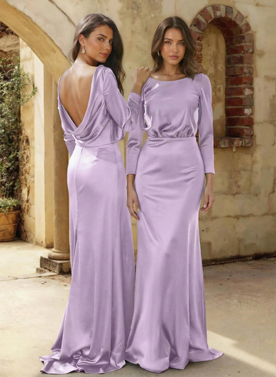 Sheath/Column Scoop Neck 3/4 Sleeves Sweep Train Bridesmaid Dresses