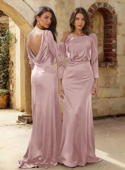 Sheath/Column Scoop Neck 3/4 Sleeves Sweep Train Bridesmaid Dresses
