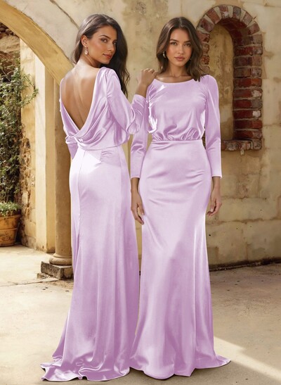 Sheath/Column Scoop Neck 3/4 Sleeves Sweep Train Bridesmaid Dresses