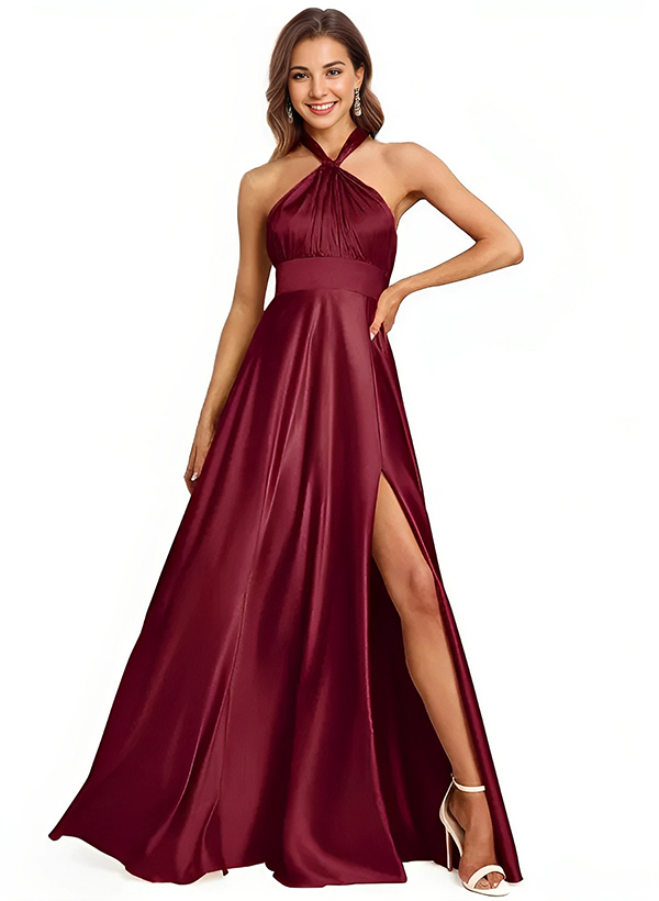 A-Line Halter One Shoulder V-Neck Floor-Length Silk Like Satin Bridesmaid Dress