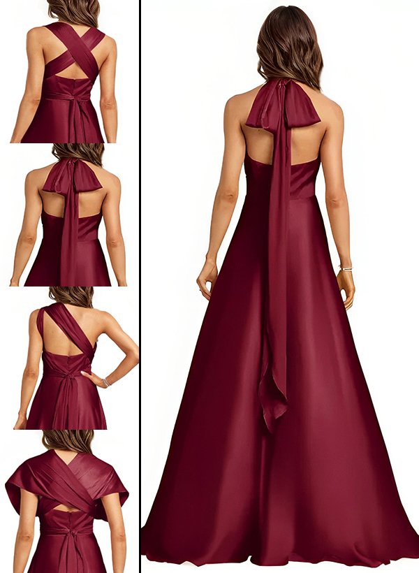 A-Line Halter One Shoulder V-Neck Floor-Length Silky Satin Bridesmaid Dress