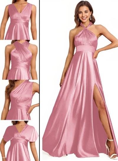 A-Line Halter One Shoulder V-Neck Floor-Length Silk Like Satin Bridesmaid Dress