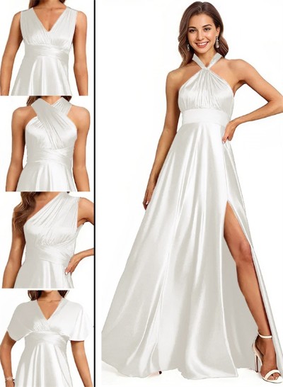 A-Line Halter One Shoulder V-Neck Floor-Length Silk Like Satin Bridesmaid Dress