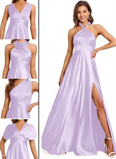 A-Line Halter One Shoulder V-Neck Floor-Length Silk Like Satin Bridesmaid Dress