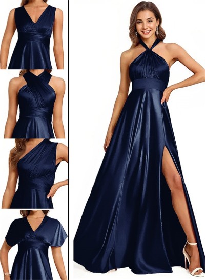 A-Line Halter One Shoulder V-Neck Floor-Length Silk Like Satin Bridesmaid Dress A-Line Halter One Shoulder V-Neck Floor-Length Silk Like Satin Bridesmaid Dress