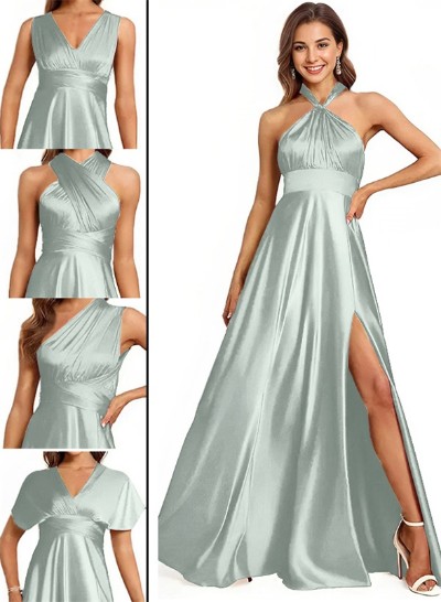 A-Line Halter One Shoulder V-Neck Floor-Length Silk Like Satin Bridesmaid Dress