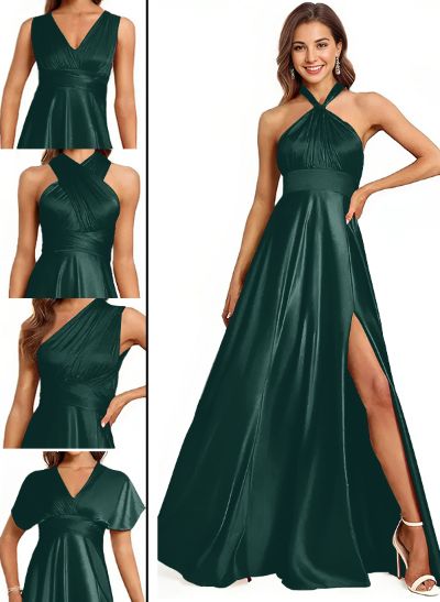 A-Line Halter One Shoulder V-Neck Floor-Length Silk Like Satin Bridesmaid Dress