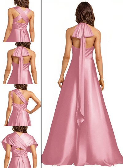 A-Line Halter One Shoulder V-Neck Floor-Length Silk Like Satin Bridesmaid Dress