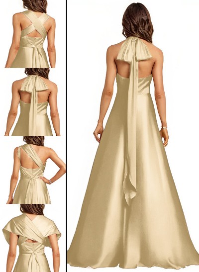 A-Line Halter One Shoulder V-Neck Floor-Length Silk Like Satin Bridesmaid Dress