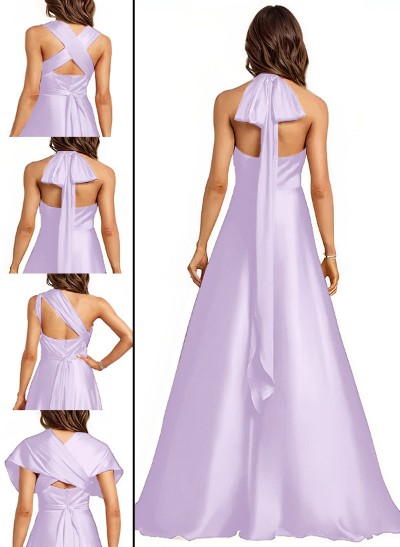 A-Line Halter One Shoulder V-Neck Floor-Length Silk Like Satin Bridesmaid Dress