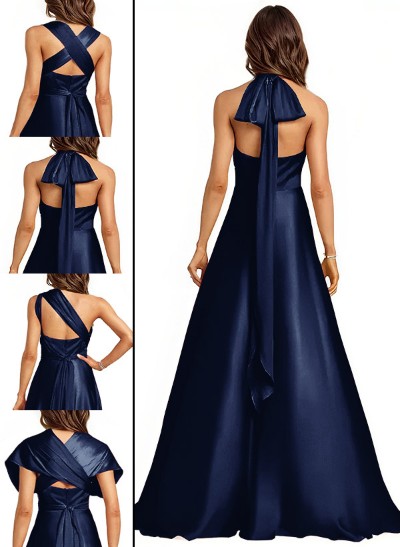 A-Line Halter One Shoulder V-Neck Floor-Length Silk Like Satin Bridesmaid Dress A-Line Halter One Shoulder V-Neck Floor-Length Silk Like Satin Bridesmaid Dress