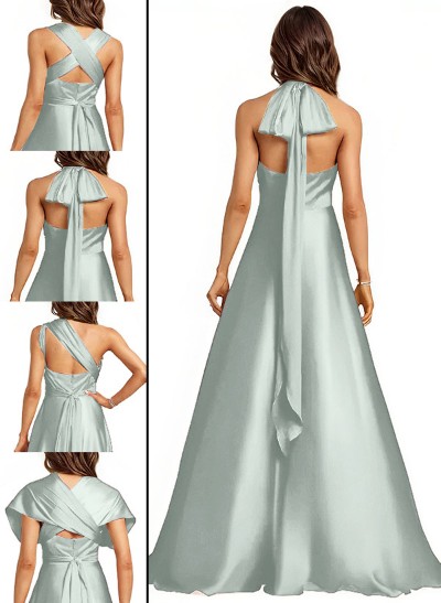 A-Line Halter One Shoulder V-Neck Floor-Length Silk Like Satin Bridesmaid Dress
