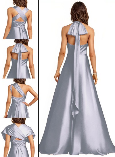 A-Line Halter One Shoulder V-Neck Floor-Length Silk Like Satin Bridesmaid Dress