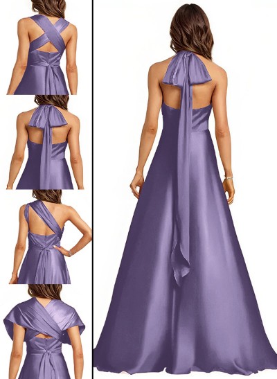 A-Line Halter One Shoulder V-Neck Floor-Length Silk Like Satin Bridesmaid Dress