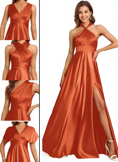 A-Line Halter One Shoulder V-Neck Floor-Length Silk Like Satin Bridesmaid Dress