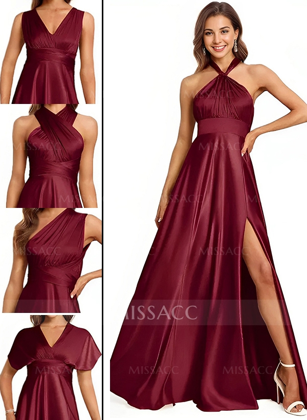 A-Line Halter One Shoulder V-Neck Floor-Length Silk Like Satin Bridesmaid Dress