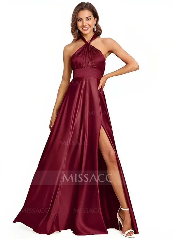 A-Line Halter One Shoulder V-Neck Floor-Length Silk Like Satin Bridesmaid Dress