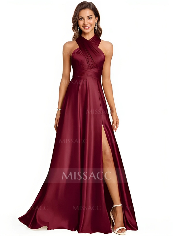 A-Line Halter One Shoulder V-Neck Floor-Length Silk Like Satin Bridesmaid Dress