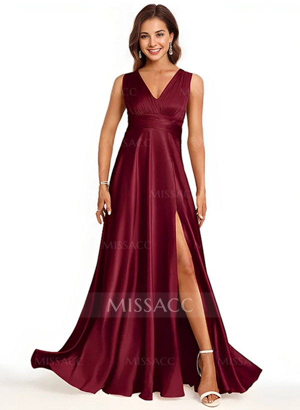 A-Line Halter One Shoulder V-Neck Floor-Length Silk Like Satin Bridesmaid Dress