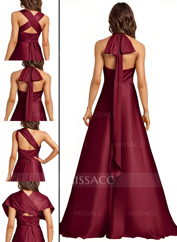 A-Line Halter One Shoulder V-Neck Floor-Length Silk Like Satin Bridesmaid Dress