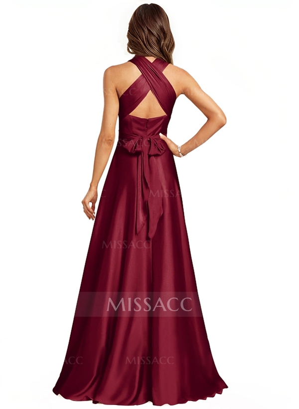 A-Line Halter One Shoulder V-Neck Floor-Length Silk Like Satin Bridesmaid Dress