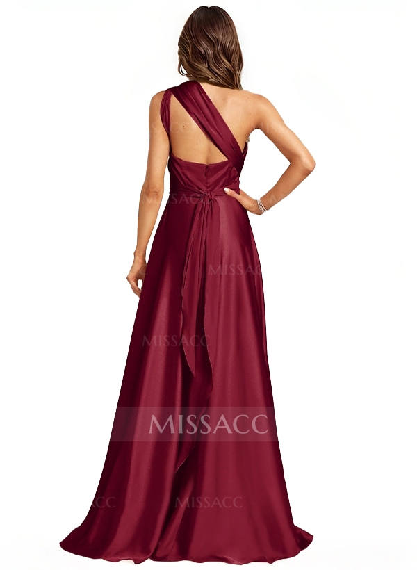 A-Line Halter One Shoulder V-Neck Floor-Length Silk Like Satin Bridesmaid Dress