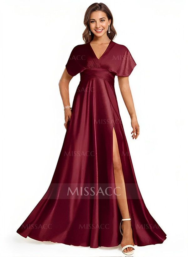 A-Line Halter One Shoulder V-Neck Floor-Length Silk Like Satin Bridesmaid Dress