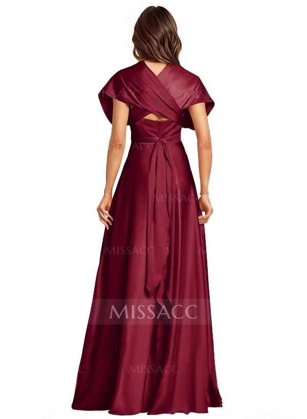 A-Line Halter One Shoulder V-Neck Floor-Length Silk Like Satin Bridesmaid Dress