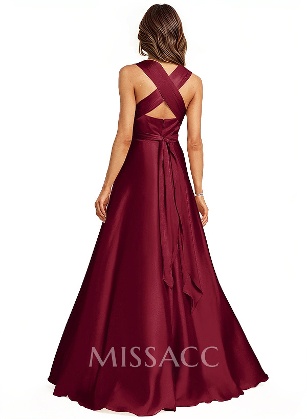 A-Line Halter One Shoulder V-Neck Floor-Length Silk Like Satin Bridesmaid Dress A-Line Halter One Shoulder V-Neck Floor-Length Silk Like Satin Bridesmaid Dress