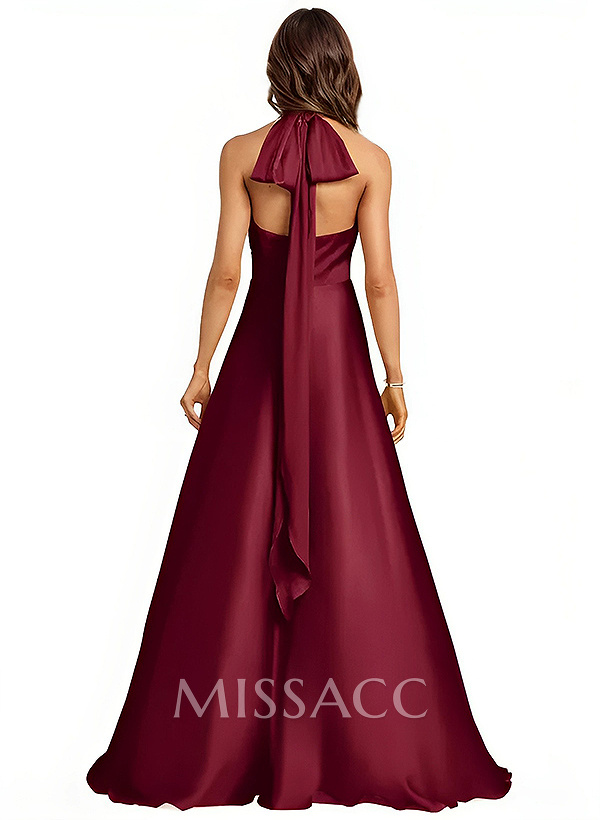 A-Line Halter One Shoulder V-Neck Floor-Length Silk Like Satin Bridesmaid Dress A-Line Halter One Shoulder V-Neck Floor-Length Silk Like Satin Bridesmaid Dress
