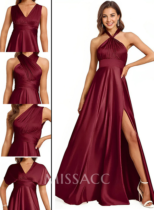 A-Line Halter One Shoulder V-Neck Floor-Length Silk Like Satin Bridesmaid Dress A-Line Halter One Shoulder V-Neck Floor-Length Silk Like Satin Bridesmaid Dress