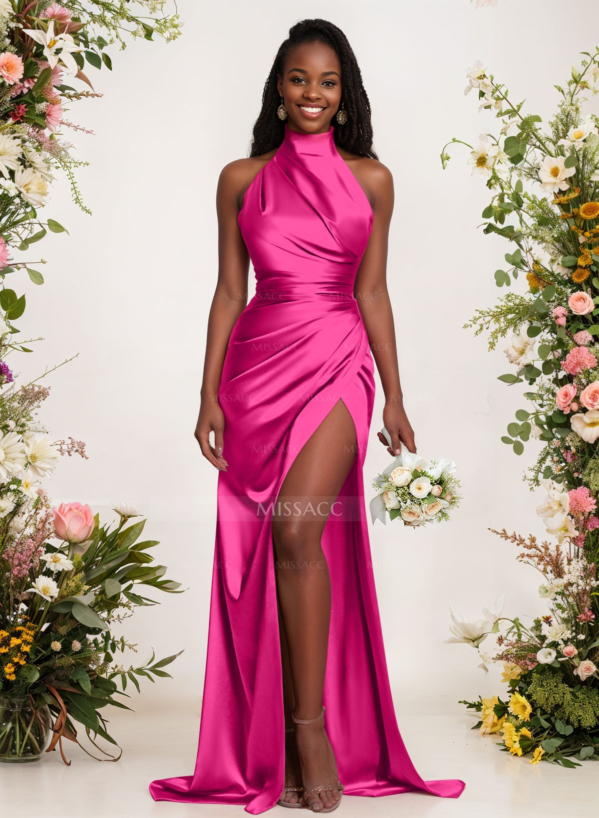 Sheath/Column Halter Charmeuse Bridesmaid Dresses With High Split