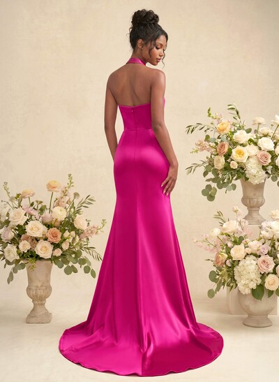 Sheath/Column Halter Charmeuse Bridesmaid Dresses With High Split