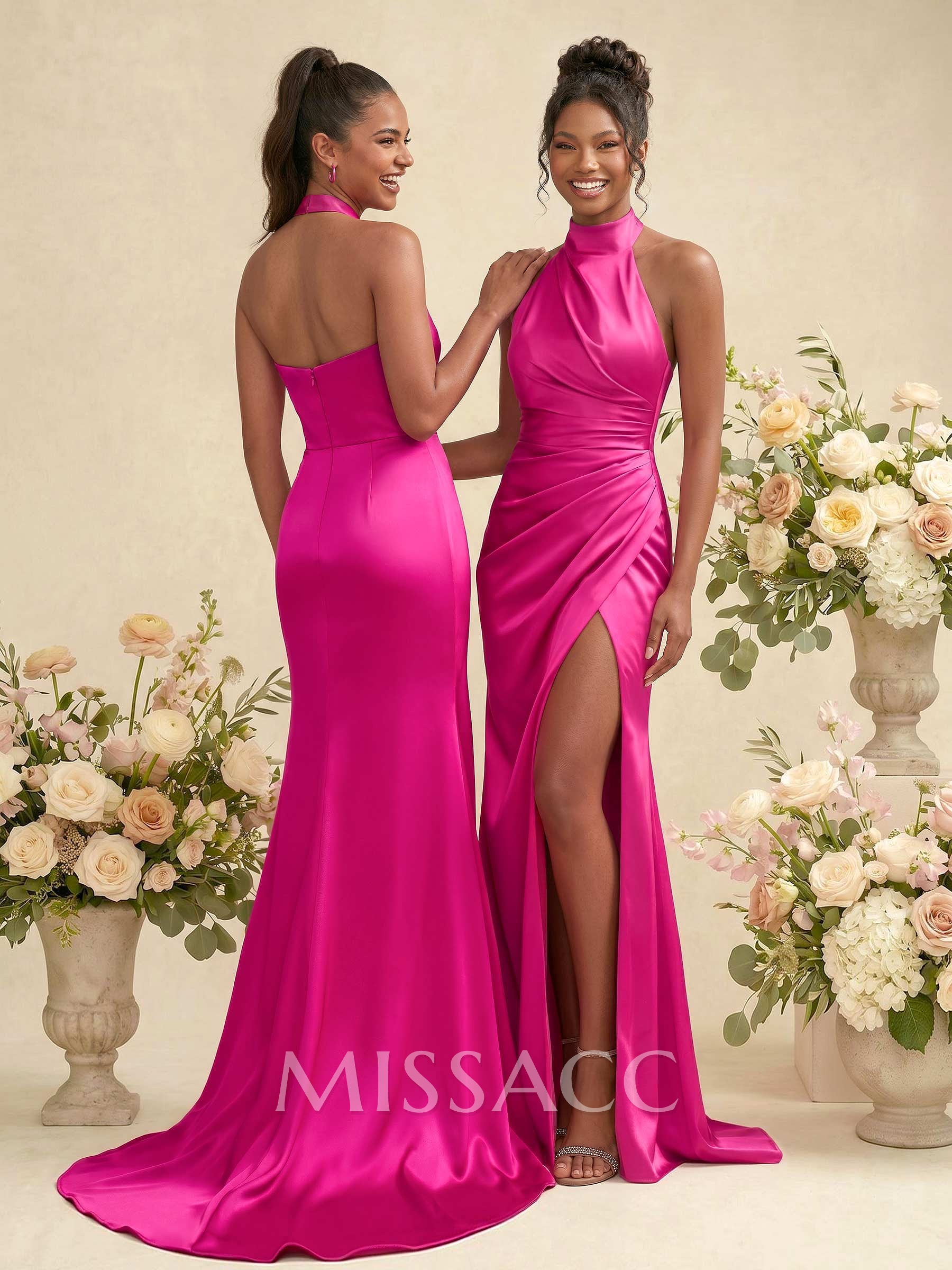 Sheath/Column Halter Charmeuse Bridesmaid Dresses With High Split Sheath/Column Halter Charmeuse Bridesmaid Dresses With High Split