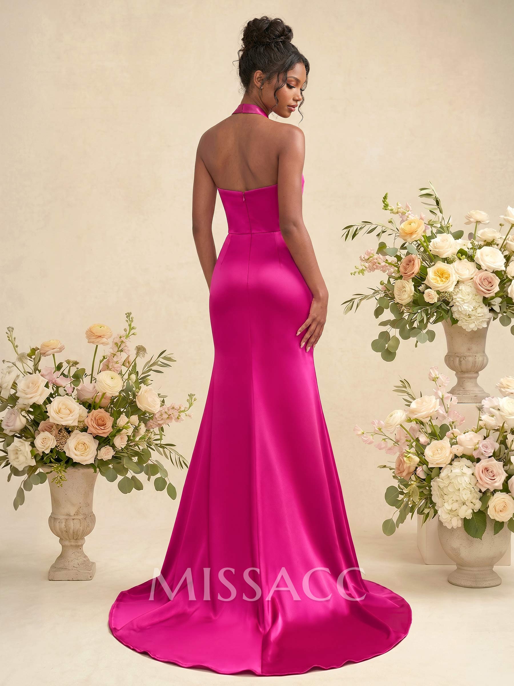 Sheath/Column Halter Charmeuse Bridesmaid Dresses With High Split Sheath/Column Halter Charmeuse Bridesmaid Dresses With High Split