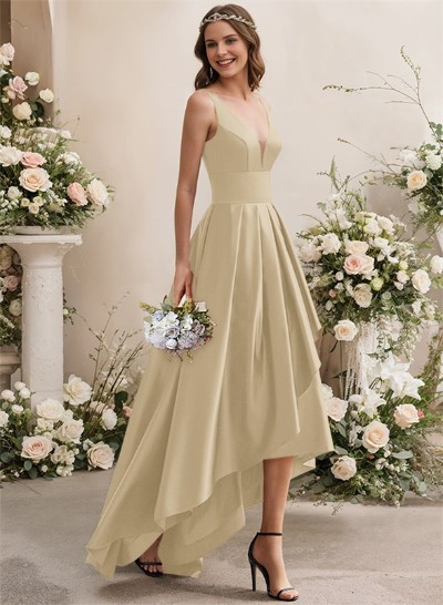 A-Line V-Neck Sleeveless Asymmetrical Satin Bridesmaid Dresses