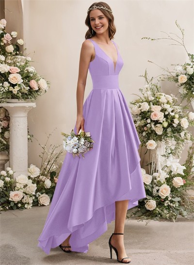 A-Line V-Neck Sleeveless Asymmetrical Satin Bridesmaid Dresses