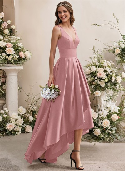 A-Line V-Neck Sleeveless Asymmetrical Satin Bridesmaid Dresses