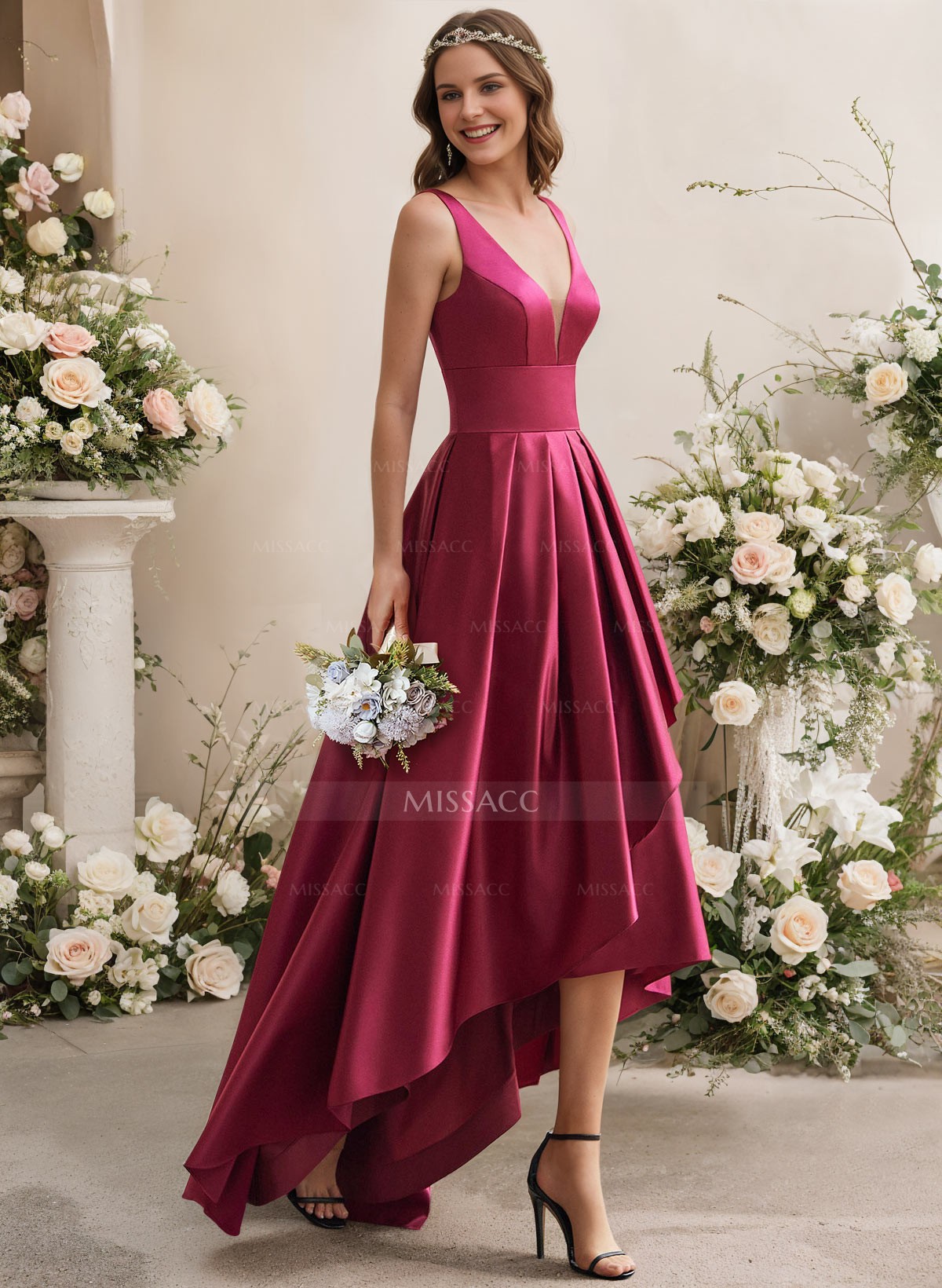 A-Line V-Neck Sleeveless Asymmetrical Satin Bridesmaid Dresses