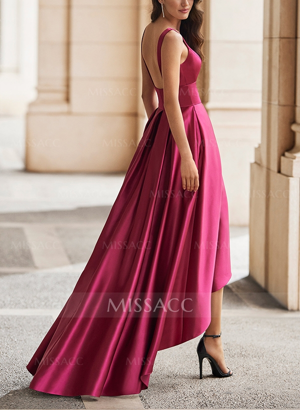 A-Line V-Neck Sleeveless Asymmetrical Satin Bridesmaid Dresses