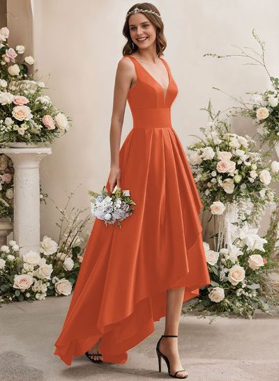A-Line V-Neck Sleeveless Asymmetrical Satin Bridesmaid Dresses