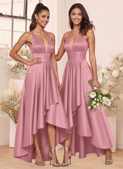 A-Line V-Neck Sleeveless Asymmetrical Satin Bridesmaid Dresses