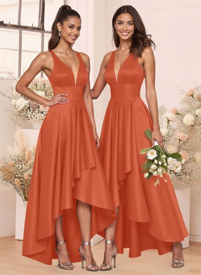 A-Line V-Neck Sleeveless Asymmetrical Satin Bridesmaid Dresses